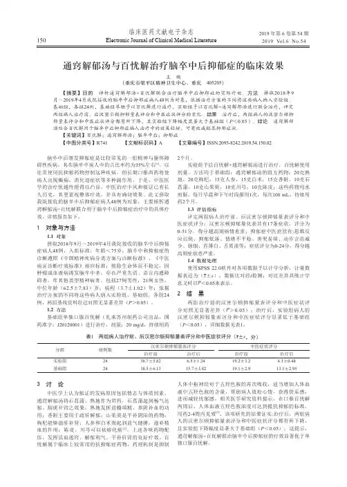 通窍解郁汤与百忧解治疗脑卒中后抑郁症的临床效果