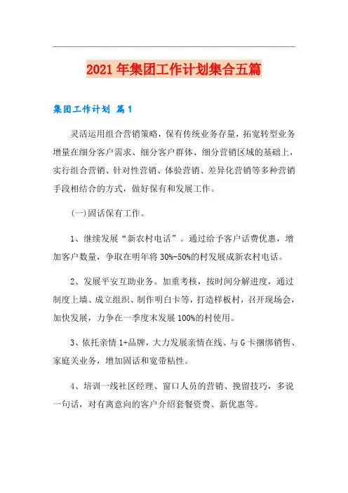 2021年集团工作计划集合五篇