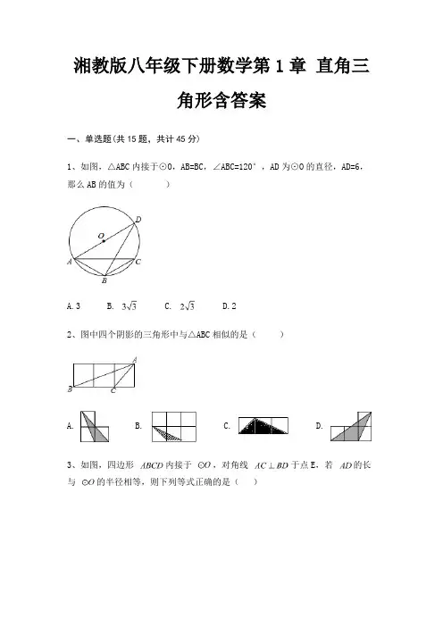 湘教版八年级下册数学第1章 直角三角形含答案