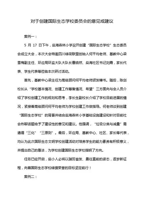 对于创建国际生态学校委员会的意见或建议