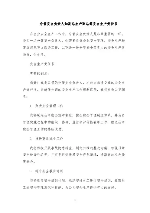 分管安全负责人如副总生产副总等安全生产责任书