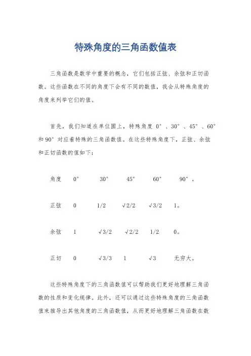 特殊角度的三角函数值表