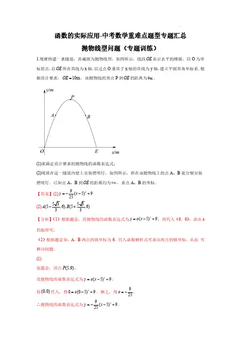 函数的实际应用--抛物线型问题(专题训练)(解析版)-中考数学重难点题型专题汇总