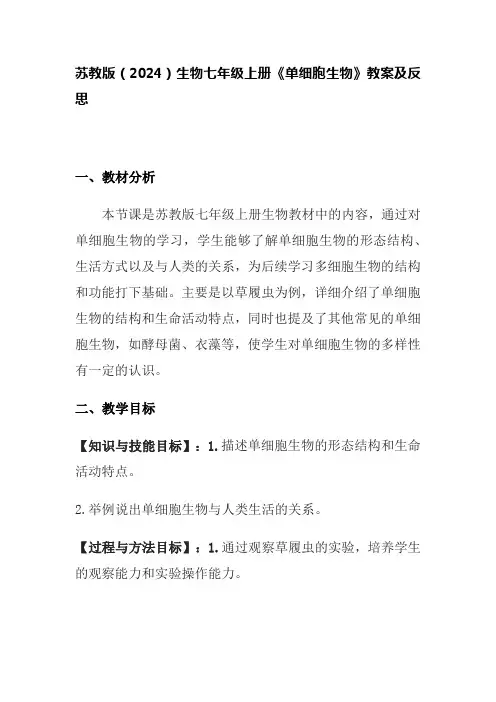 苏教版(2024)生物七年级上册《单细胞生物》教案及反思