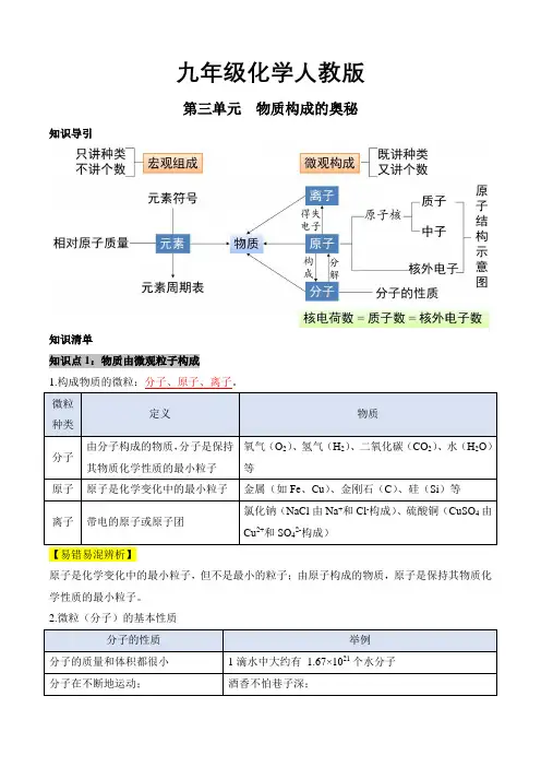 九年级化学人教版第三单元 物质构成的奥秘知识点