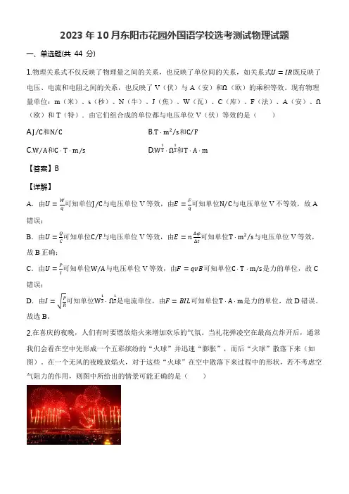 2023年10月东阳市花园外国语学校选考测试物理试题含答案解析