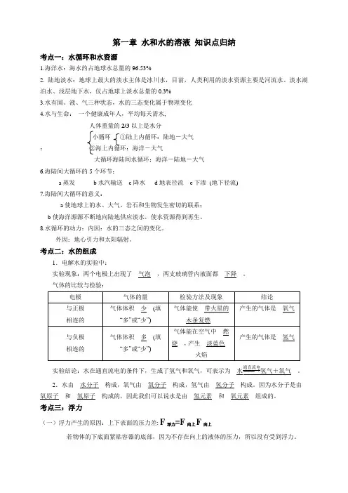 第一章水和水的溶液基础知识归纳八年级上册科学浙教版