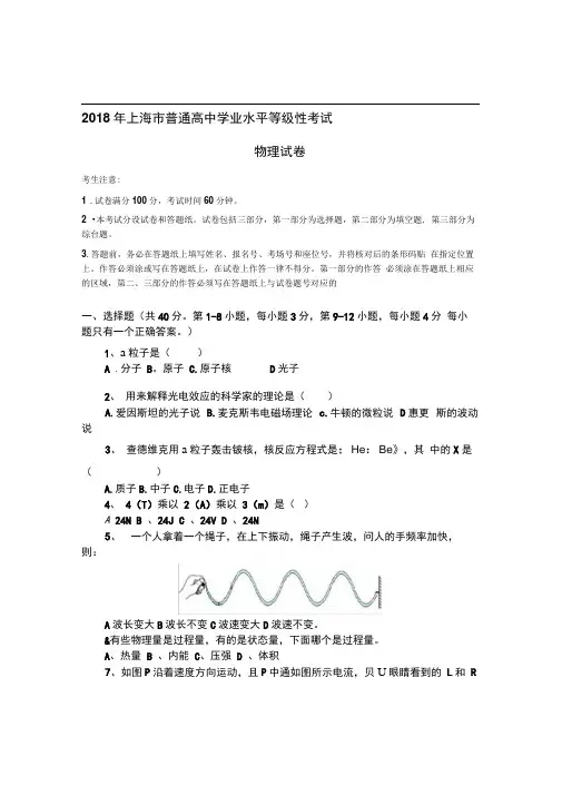2018上海市高中学业水平等级考试物理试题(重新整理版)