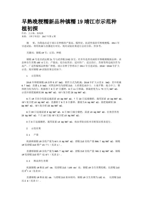 早熟晚粳糯新品种镇糯19靖江市示范种植初探