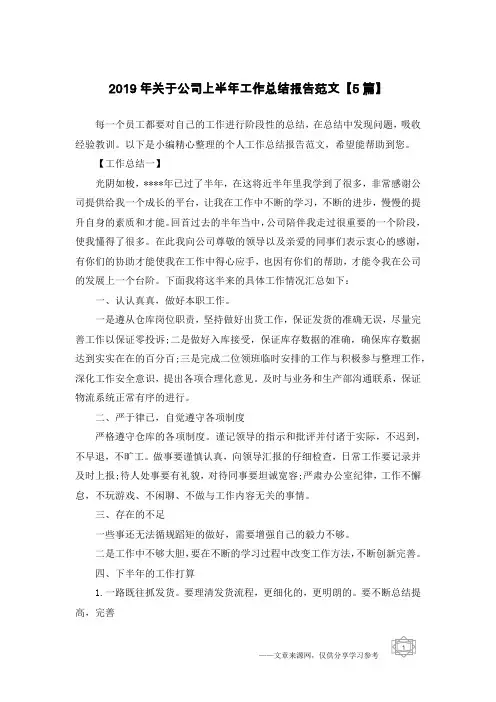 2019年关于公司上半年工作总结报告范文【5篇】