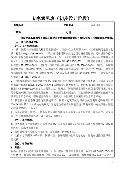 给排水评审专家意见(初步设计阶段)