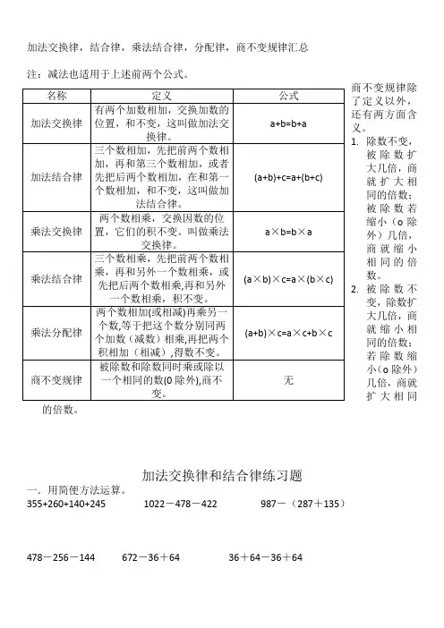 小学四年级上加法交换律_结合律_乘法交换结合分配律及商不变规律汇总