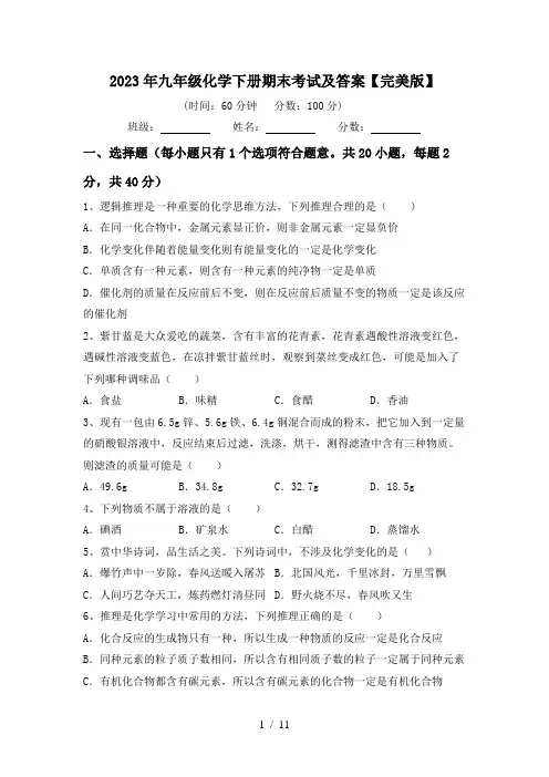 2023年九年级化学下册期末考试及答案【完美版】