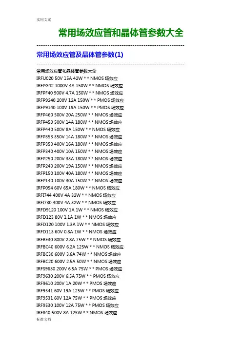 常用场效应管和晶体管全参数大全