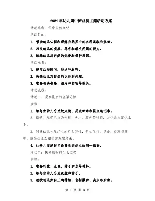 2024年幼儿园中班益智主题活动方案