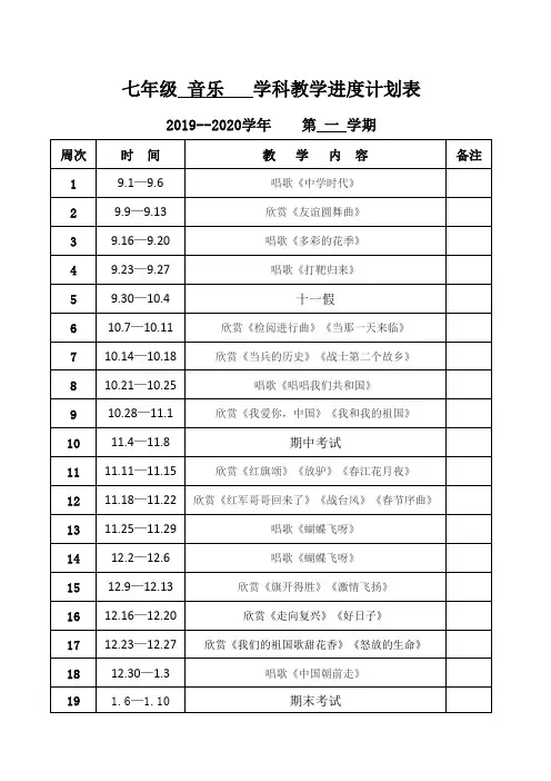 2019-2020学年第一学期初中音乐教学进度表(7-9年级)