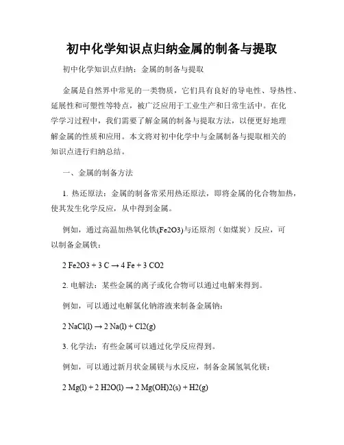 初中化学知识点归纳金属的制备与提取
