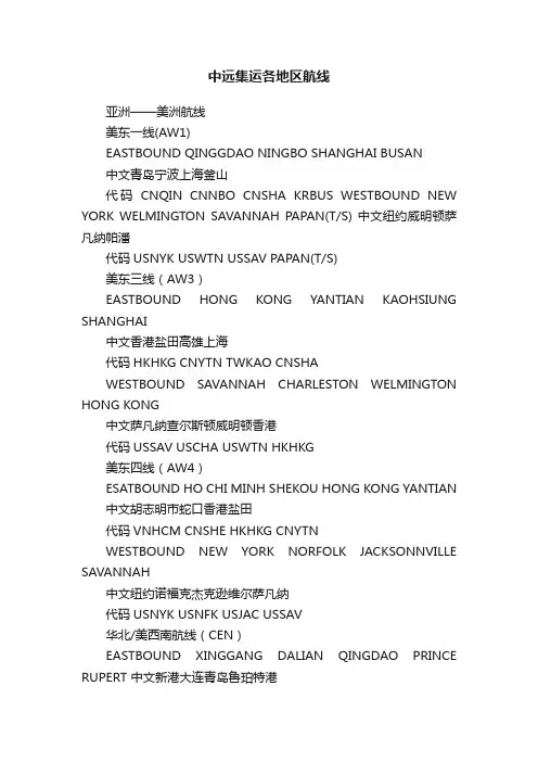 中远集运各地区航线