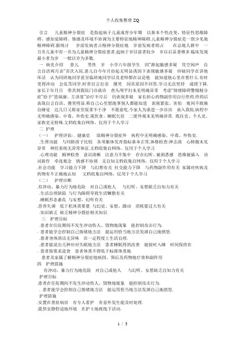 精神分裂症个案护理计划MicrosoftWord文档