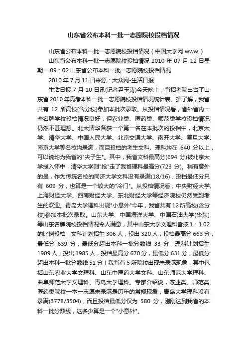 山东省公布本科一批一志愿院校投档情况