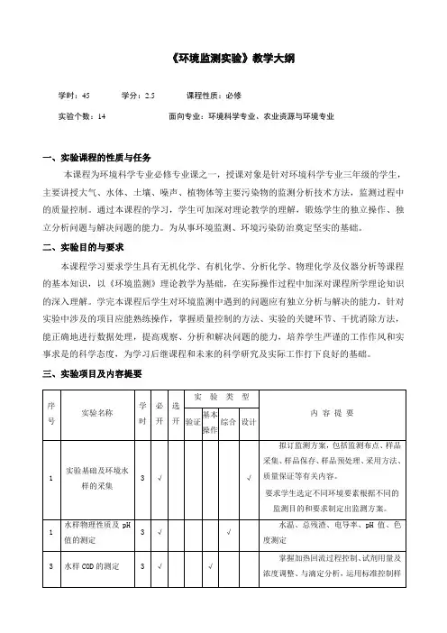 《环境监测》实验教学大纲