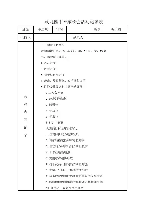 幼儿园中班家长会活动记录表