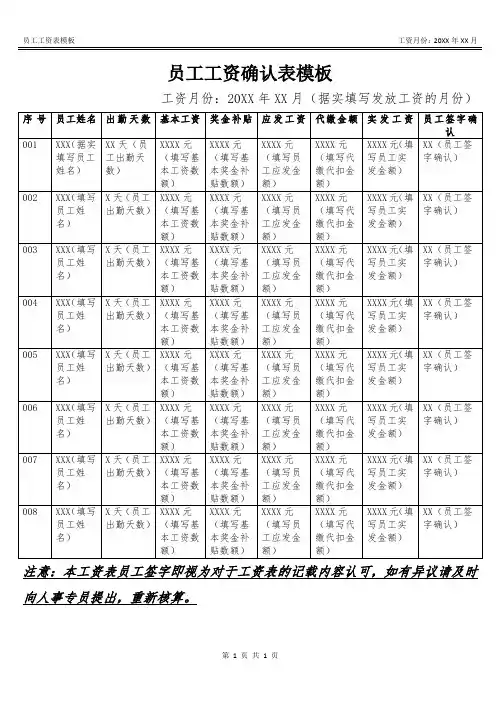 员工工资确认表模板