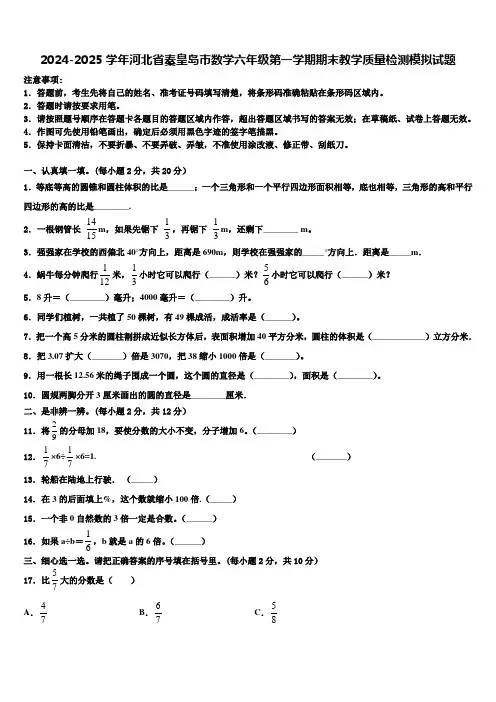 2024-2025学年河北省秦皇岛市数学六年级第一学期期末教学质量检测模拟试题含解析