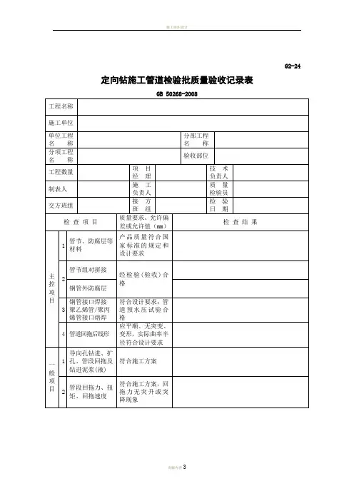 定向钻施工管道检验批质量验收记录表