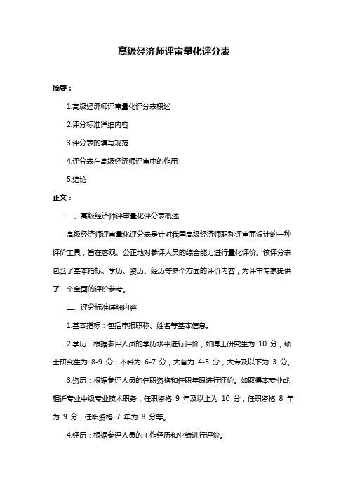 高级经济师评审量化评分表