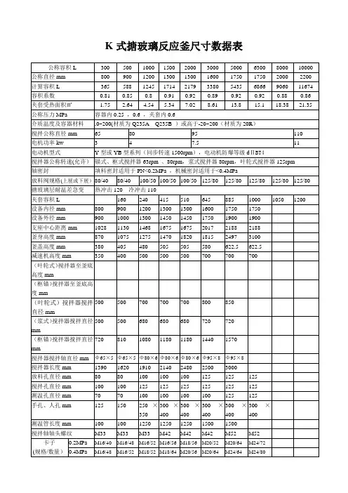K式搪玻璃反应釜尺寸数据表