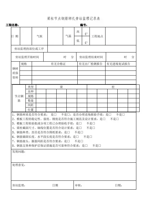 (完整word版)梁柱节点钢筋绑扎旁站监理记录表(