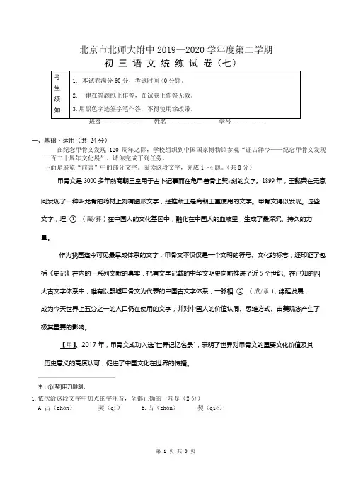 北京市北京师范大学附属中学2019—2020学年第二学期九年级语文统练试卷(七)(无答案)