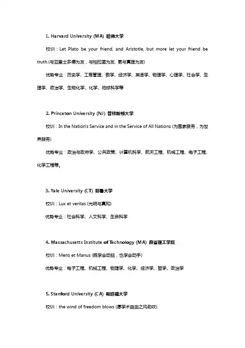 美国前130名大学校训及优势专业详解