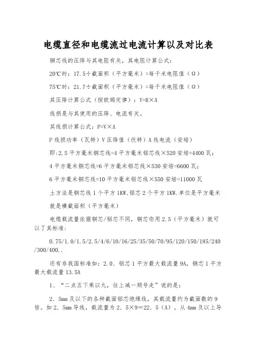 电缆直径和电缆流过电流计算以及对照表