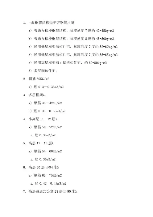一般框架结构每平方钢筋用量