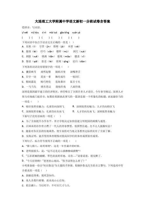 大连理工大学附属中学语文新初一分班试卷含答案