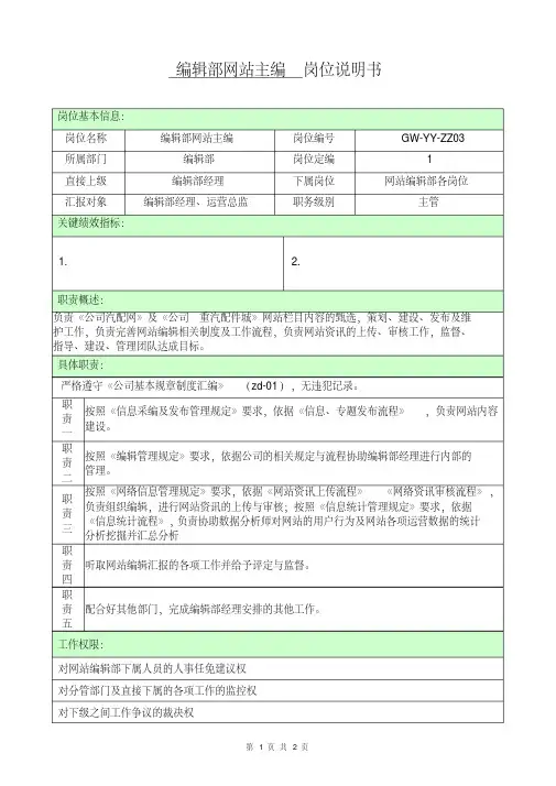 编辑部网站主编岗位说明书(2016)