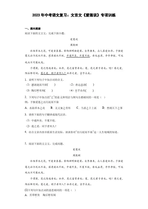 2023年中考语文复习：文言文《爱莲说》专项训练(含答案)