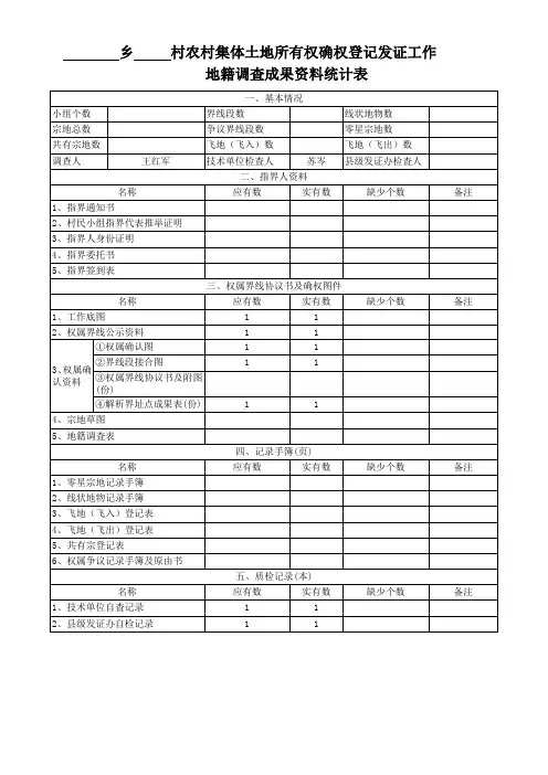 农村集体土地所有权确权登记发证工作地籍调査成果资料统计模版