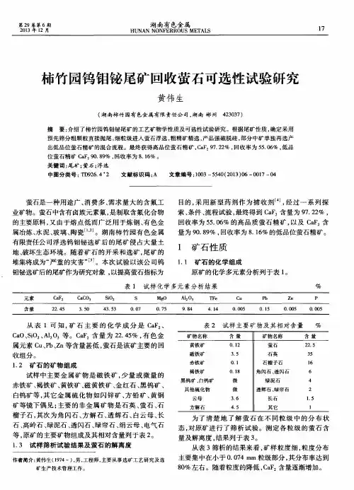 柿竹园钨钼铋尾矿回收萤石可选性试验研究