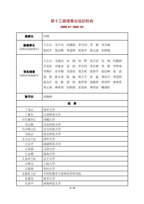 中国数学会第十三届理事会及工作委员会名单