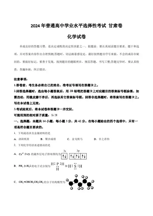 (2024年高考真题)2024年普通高中学业水平选择性考试化学试卷 甘肃卷(含答案)