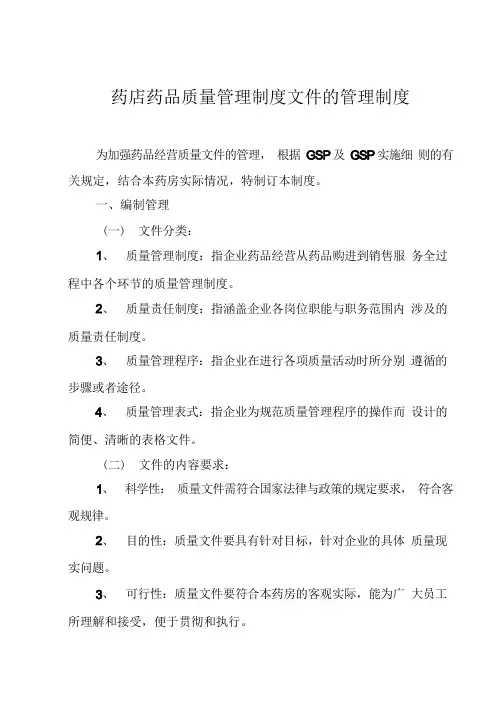 药店药品质量管理制度文件的管理制度