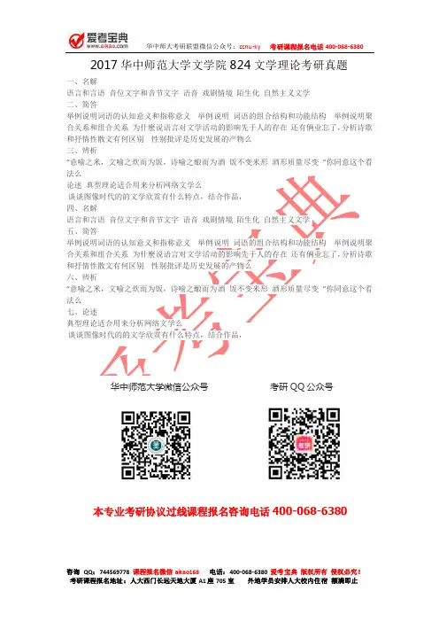 2017华中师范大学文学院824文学理论考研真题