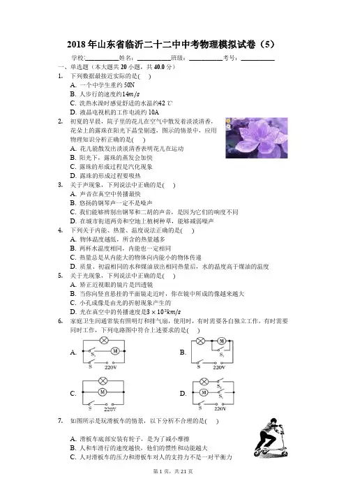 2018年山东省临沂二十二中中考物理模拟试卷(5)