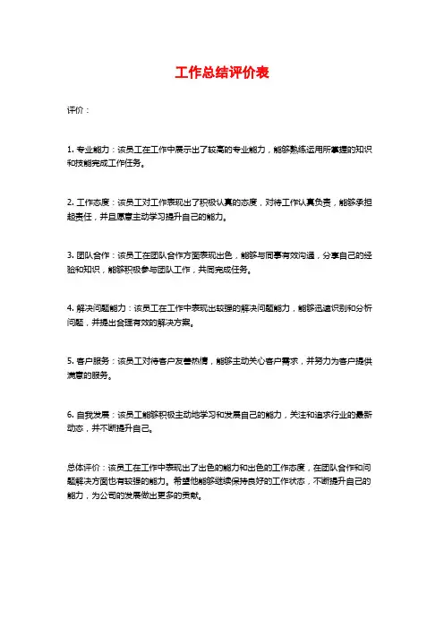 工作总结评价表