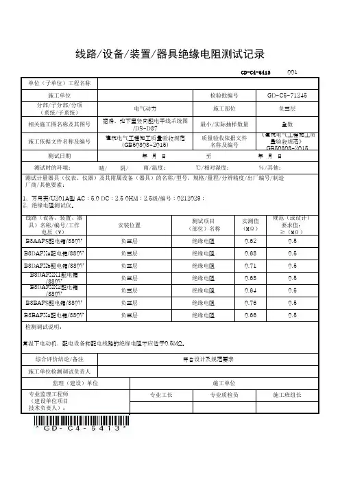 线路设备装置器具绝缘电阻测试记录(带批注)