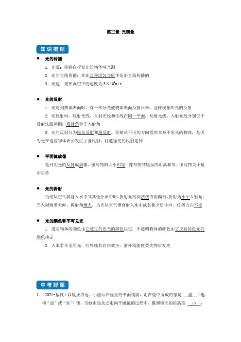 第三章 光现象--中考物理一轮复习章节分类考点讲解与训练(苏科版)- (解析版)