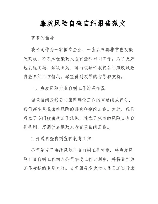 廉政风险自查自纠报告范文